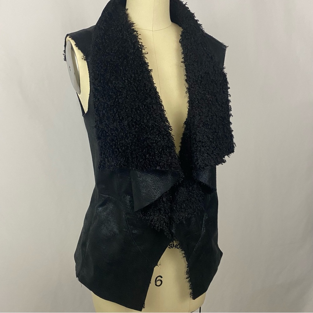 Black Faux Fur Leather Draped Open Front Vest Jacket Small